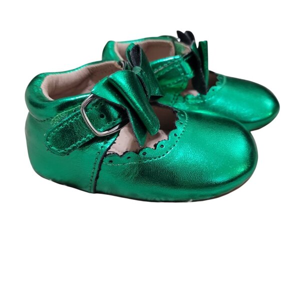 NEW A Bear Co Toddler Size 3‎ Christmas Green Metallic Livs Flats Girls Bow - Picture 2 of 14